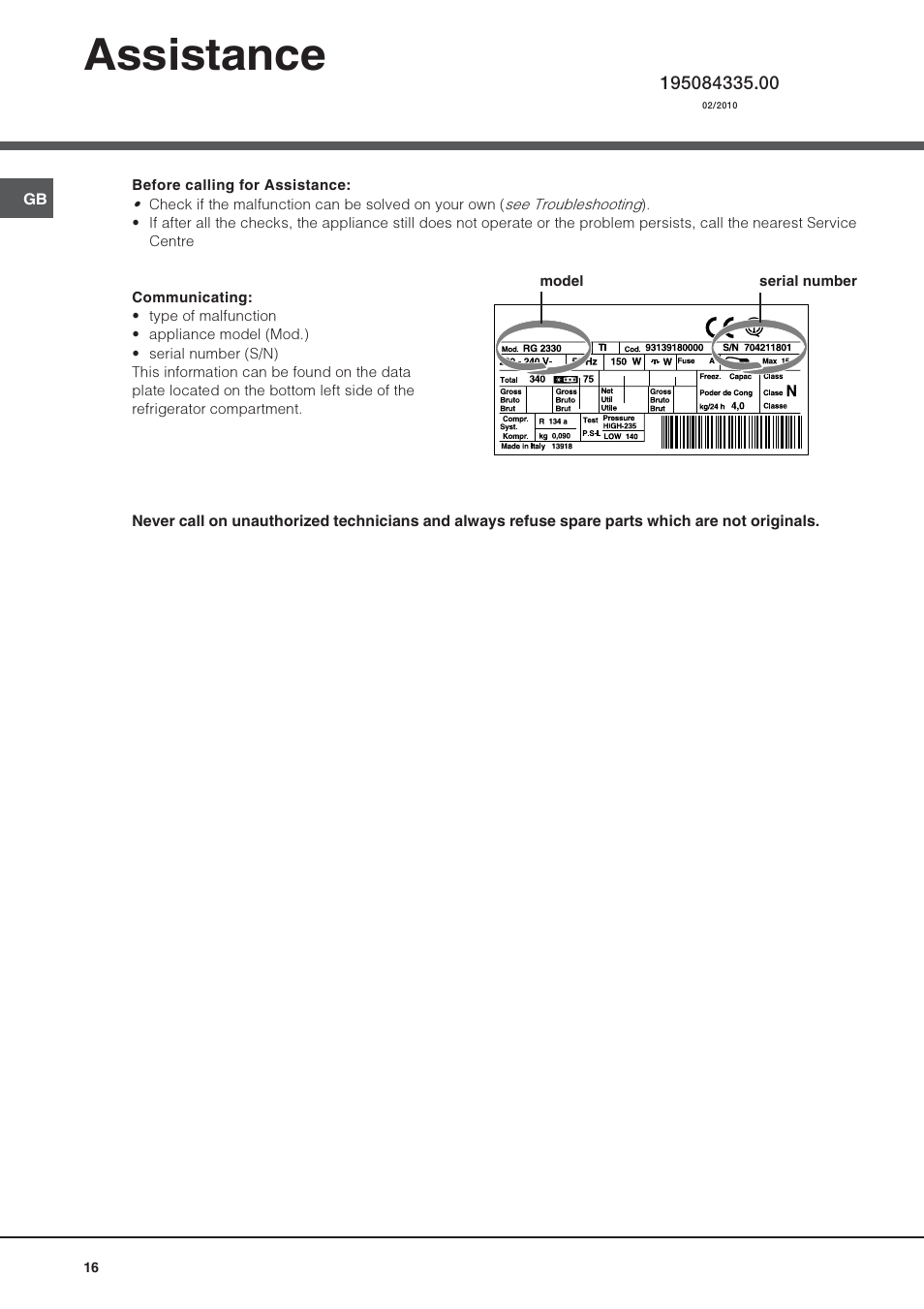 Assistance | Hotpoint Ariston UPS 1722 F J-HA  EU User Manual | Page 16 / 80