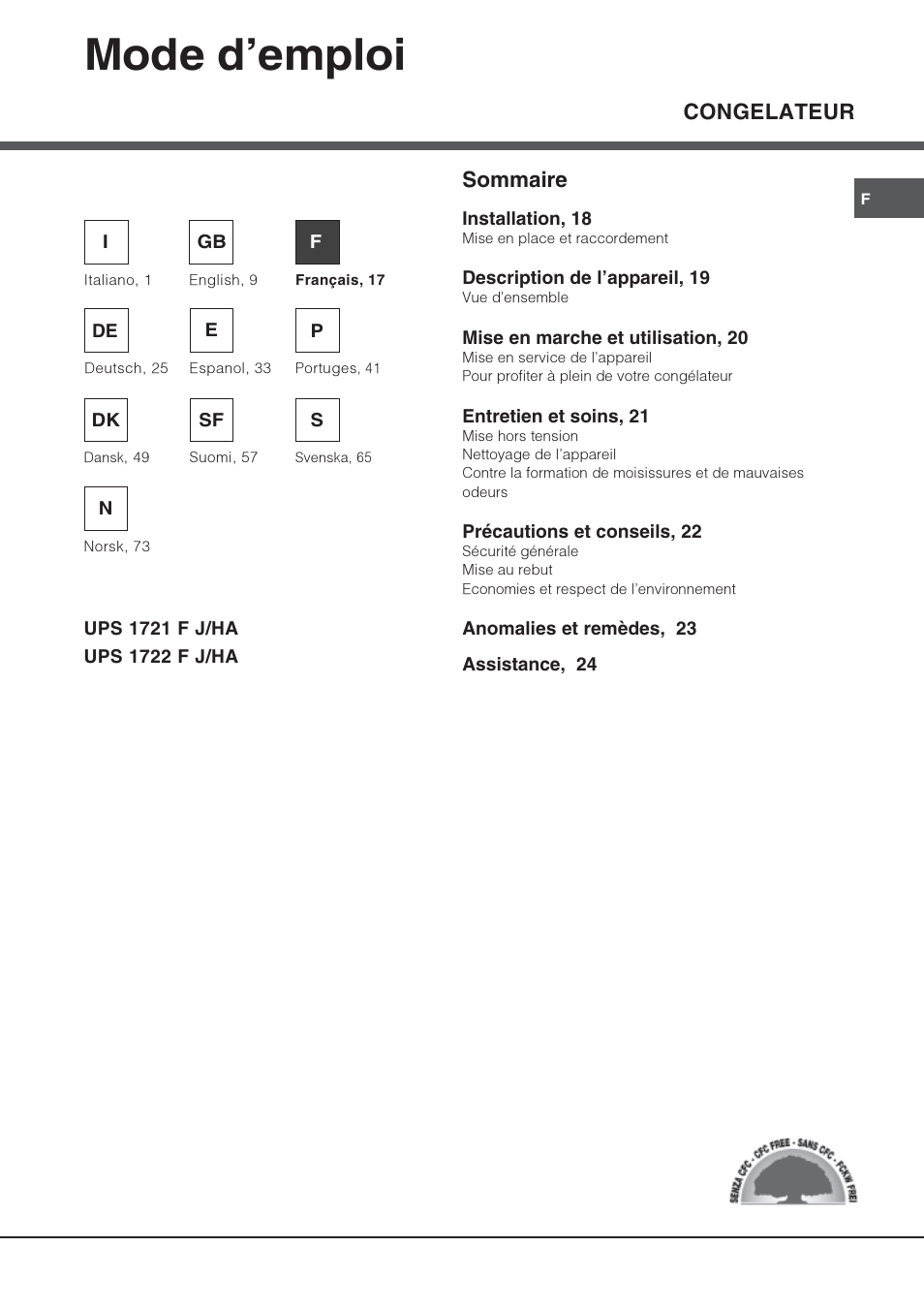 Mode demploi, Congelateur sommaire | Hotpoint Ariston UPS 1722 F J-HA  EU User Manual | Page 17 / 80