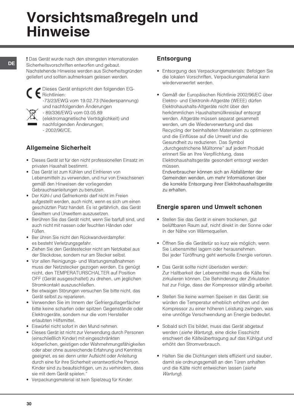 Vorsichtsmaßregeln und hinweise | Hotpoint Ariston UPS 1722 F J-HA  EU User Manual | Page 30 / 80