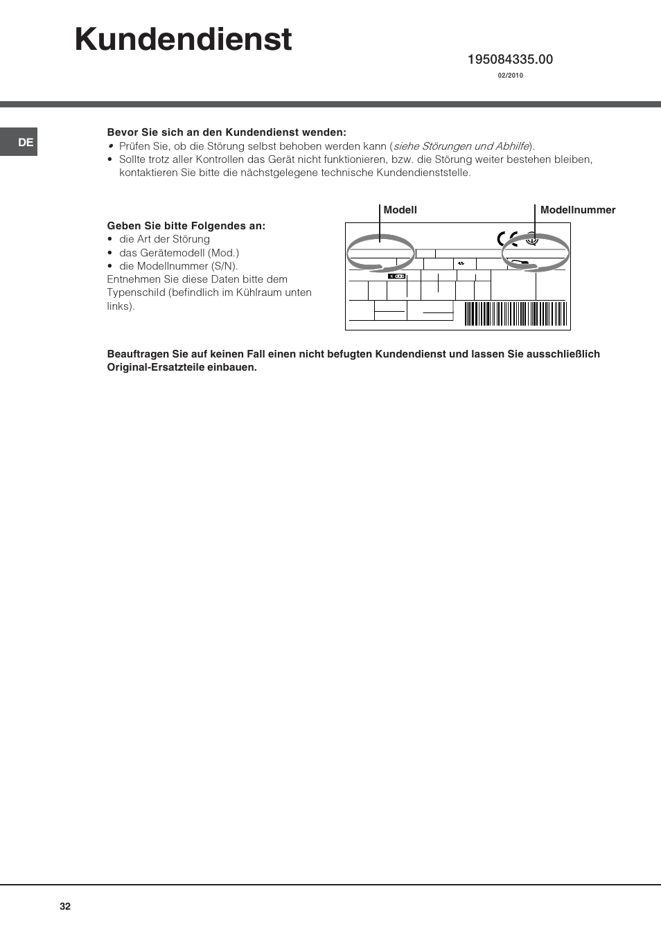 Kundendienst | Hotpoint Ariston UPS 1722 F J-HA  EU User Manual | Page 32 / 80