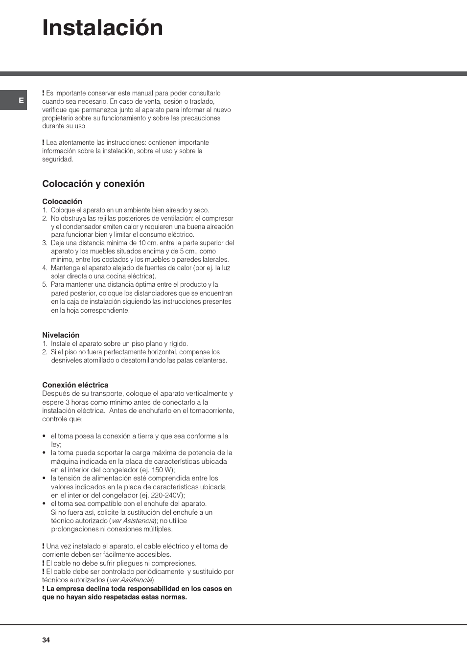 Instalación, Colocación y conexión | Hotpoint Ariston UPS 1722 F J-HA  EU User Manual | Page 34 / 80