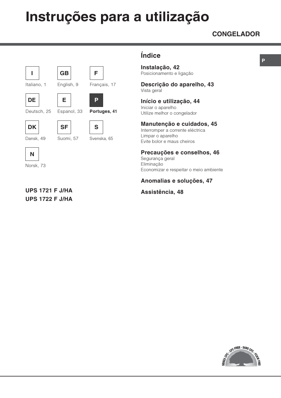 Instruções para a utilização, Congelador índice | Hotpoint Ariston UPS 1722 F J-HA  EU User Manual | Page 41 / 80