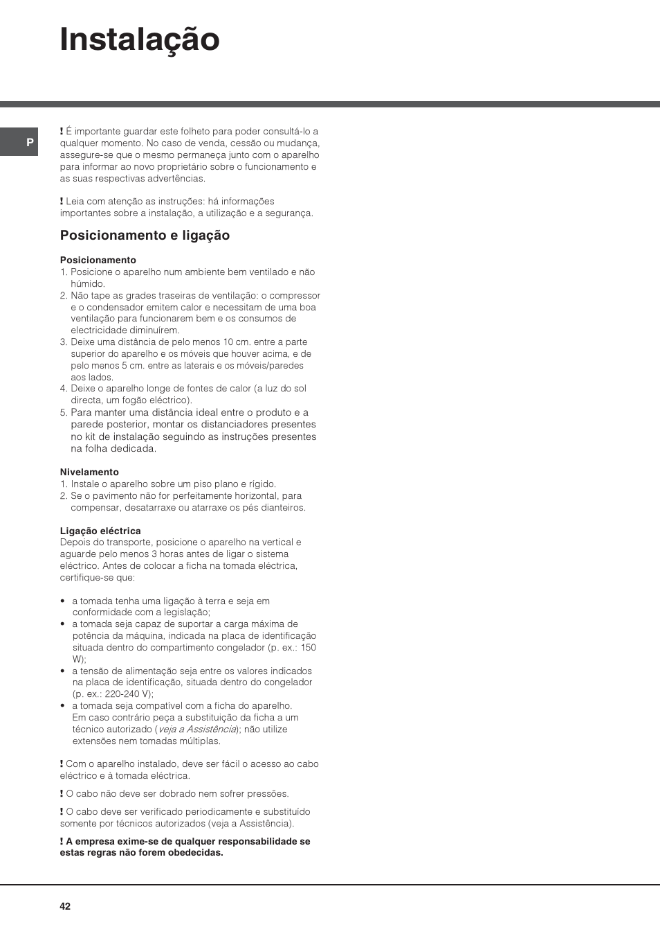Instalação, Posicionamento e ligação | Hotpoint Ariston UPS 1722 F J-HA  EU User Manual | Page 42 / 80