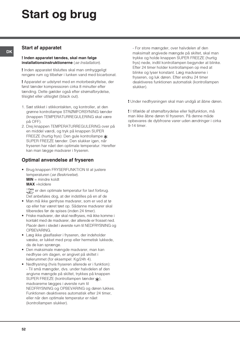 Start og brug | Hotpoint Ariston UPS 1722 F J-HA  EU User Manual | Page 52 / 80