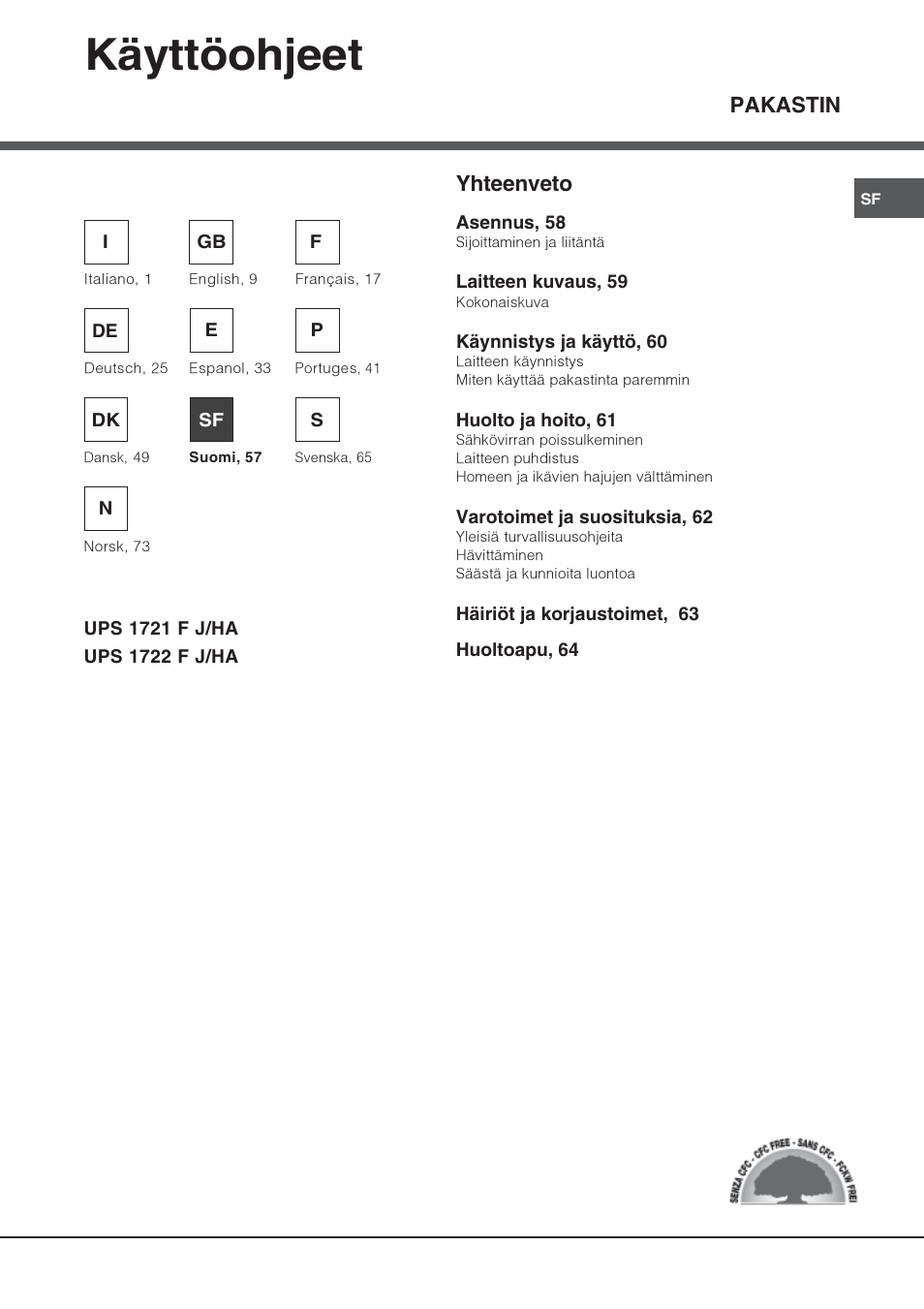 Käyttöohjeet, Pakastin, Yhteenveto | Hotpoint Ariston UPS 1722 F J-HA  EU User Manual | Page 57 / 80
