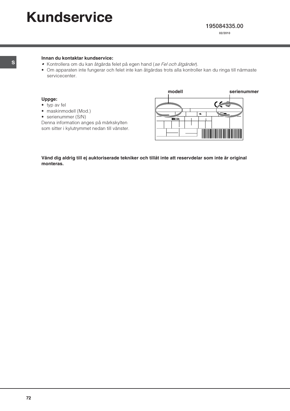 Kundservice, Modell serienummer | Hotpoint Ariston UPS 1722 F J-HA  EU User Manual | Page 72 / 80