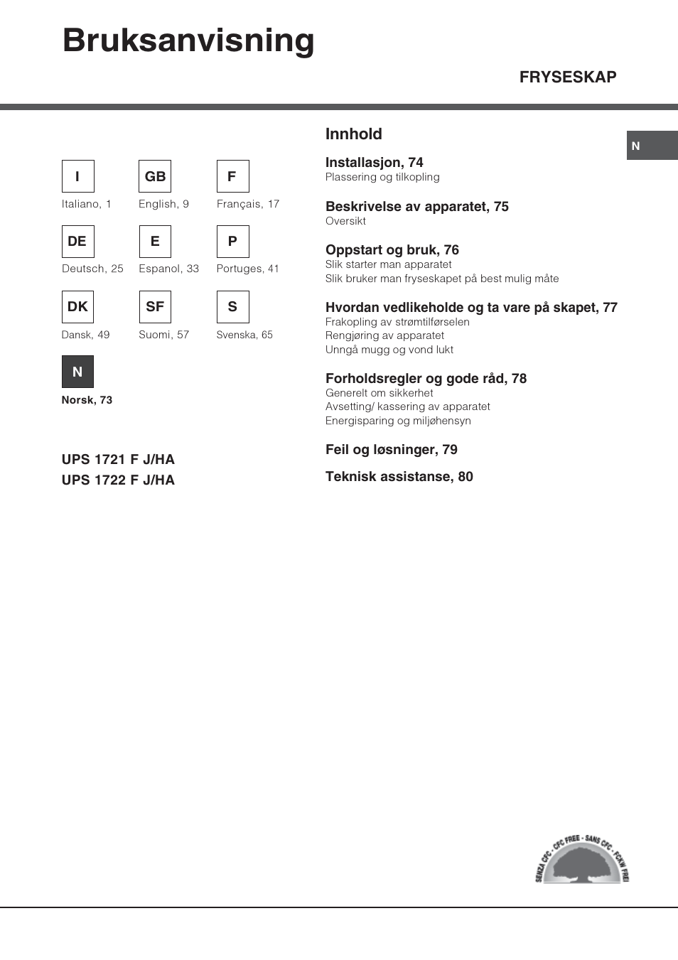 Bruksanvisning, Fryseskap, Innhold | Hotpoint Ariston UPS 1722 F J-HA  EU User Manual | Page 73 / 80