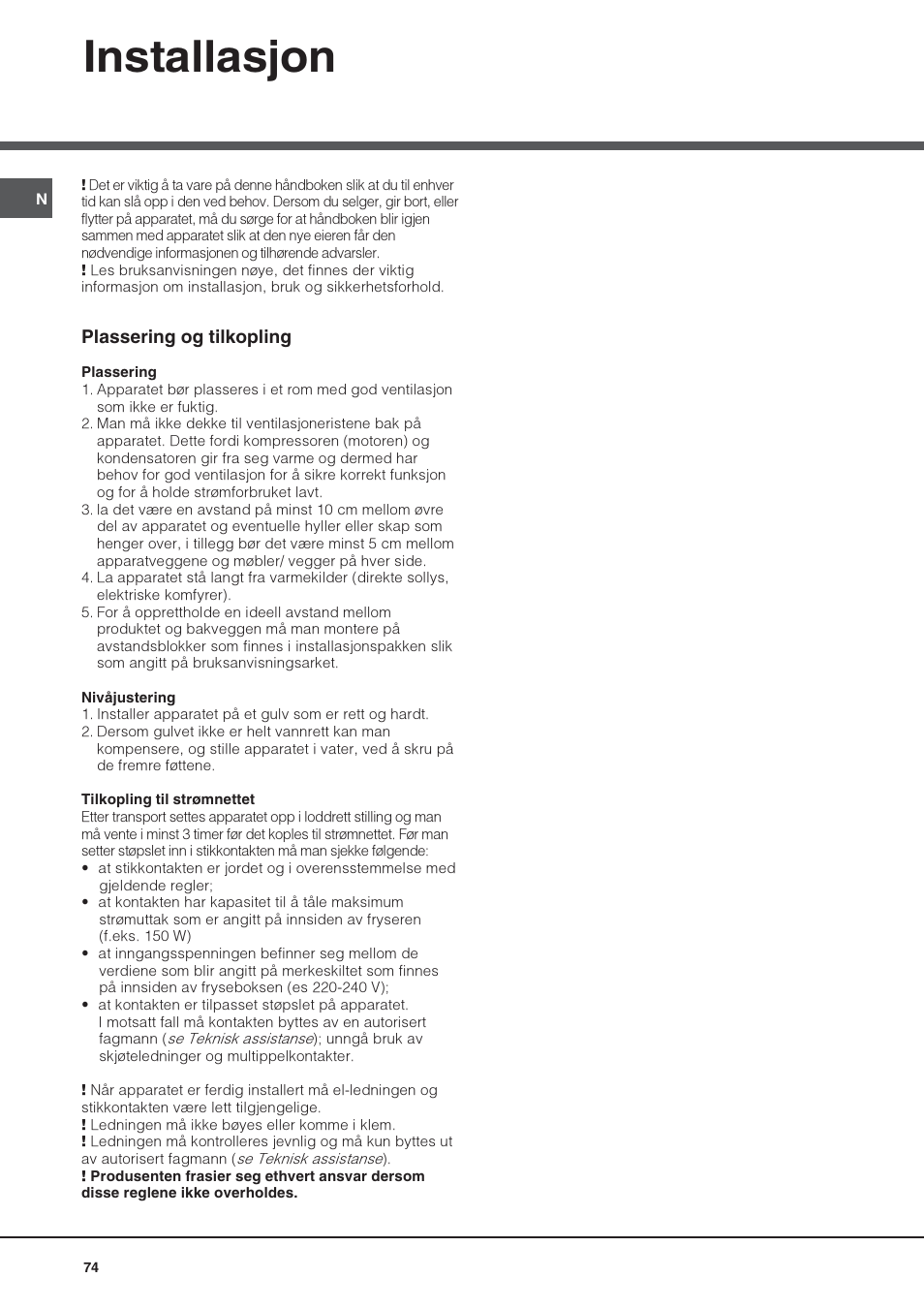 Installasjon | Hotpoint Ariston UPS 1722 F J-HA  EU User Manual | Page 74 / 80