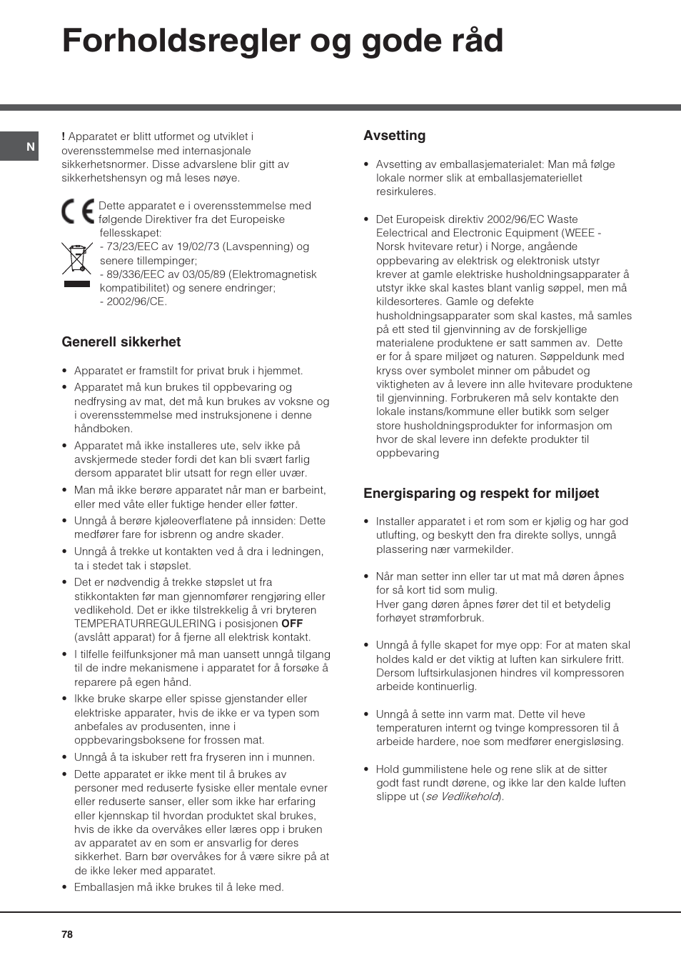 Forholdsregler og gode råd, Generell sikkerhet, Avsetting | Energisparing og respekt for miljøet | Hotpoint Ariston UPS 1722 F J-HA  EU User Manual | Page 78 / 80