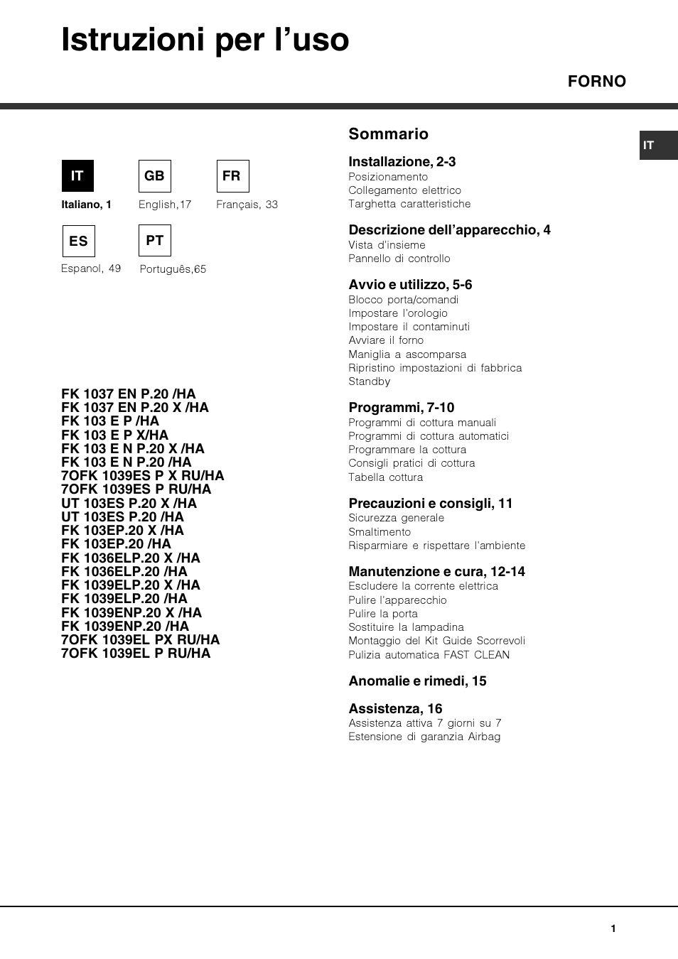 Hotpoint Ariston FK 1039EL P.20 X-HA User Manual | 80 pages