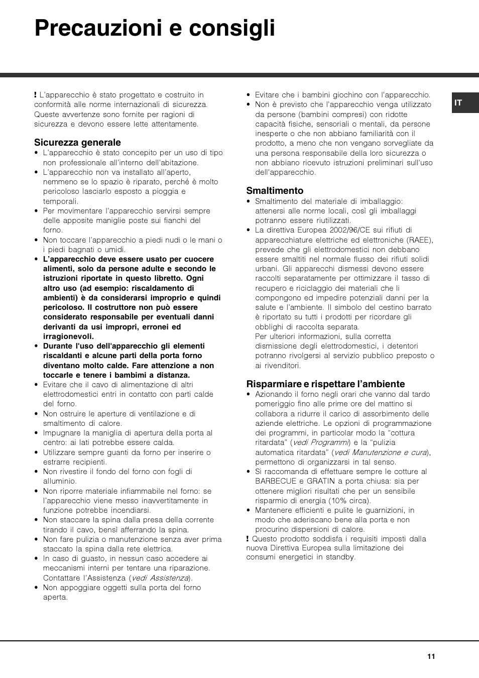 Precauzioni e consigli | Hotpoint Ariston FK 1039EL P.20 X-HA User Manual | Page 11 / 80