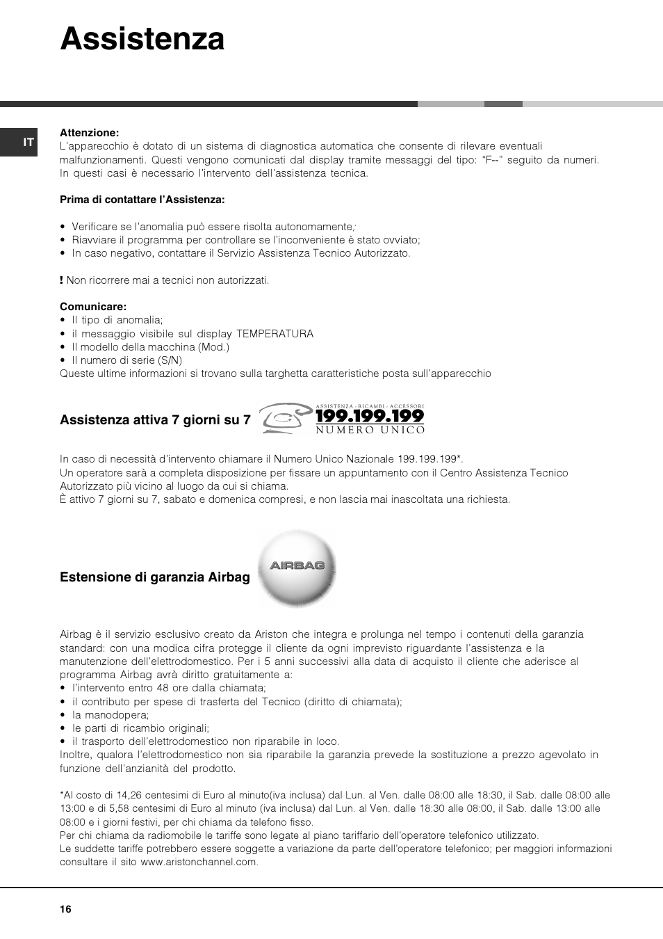 Assistenza | Hotpoint Ariston FK 1039EL P.20 X-HA User Manual | Page 16 / 80