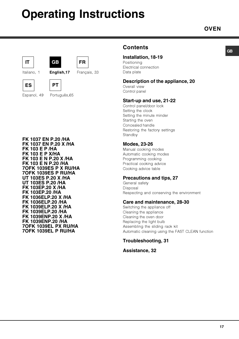 Operating instructions, Oven contents | Hotpoint Ariston FK 1039EL P.20 X-HA User Manual | Page 17 / 80