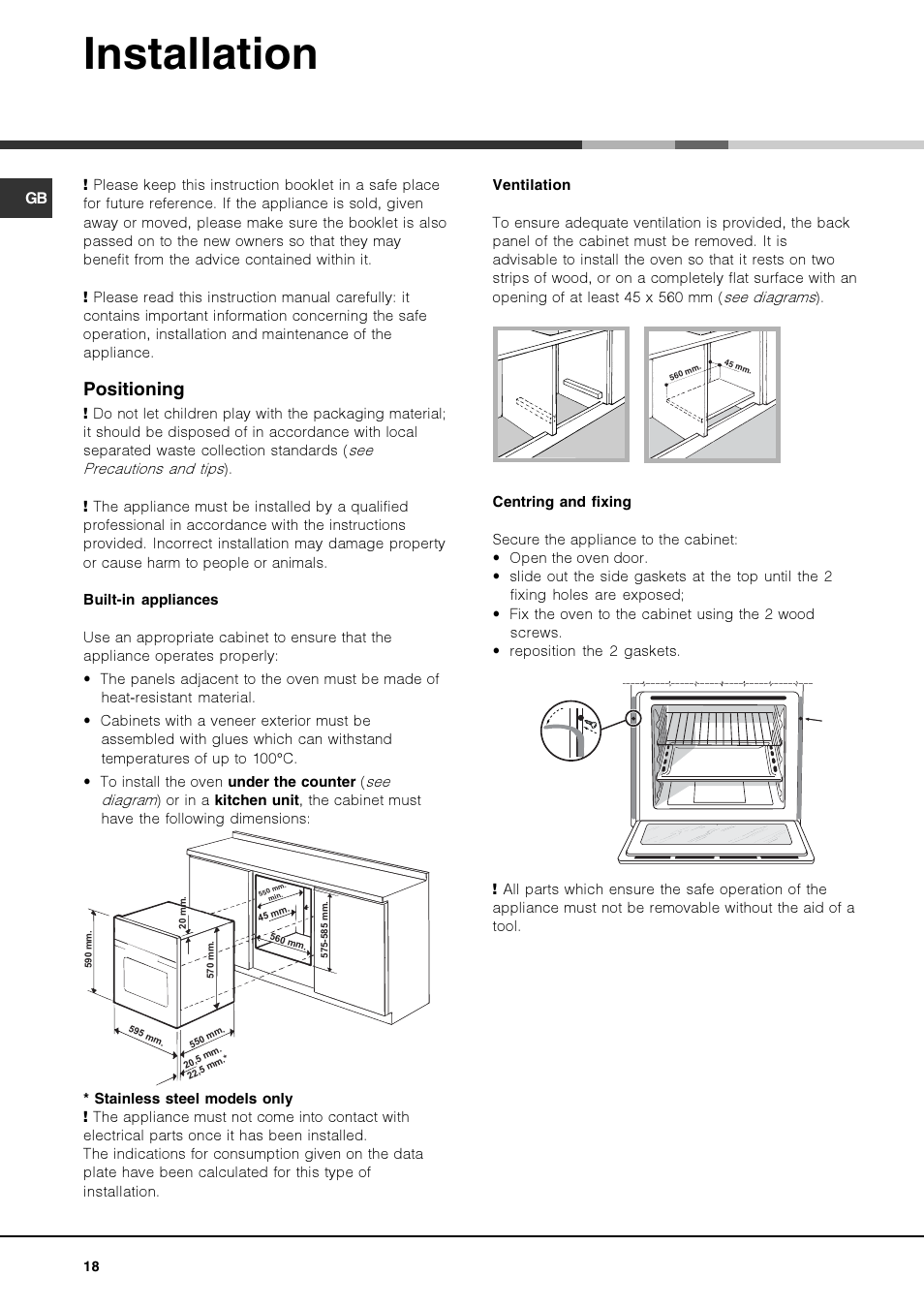 Installation, Positioning | Hotpoint Ariston FK 1039EL P.20 X-HA User Manual | Page 18 / 80