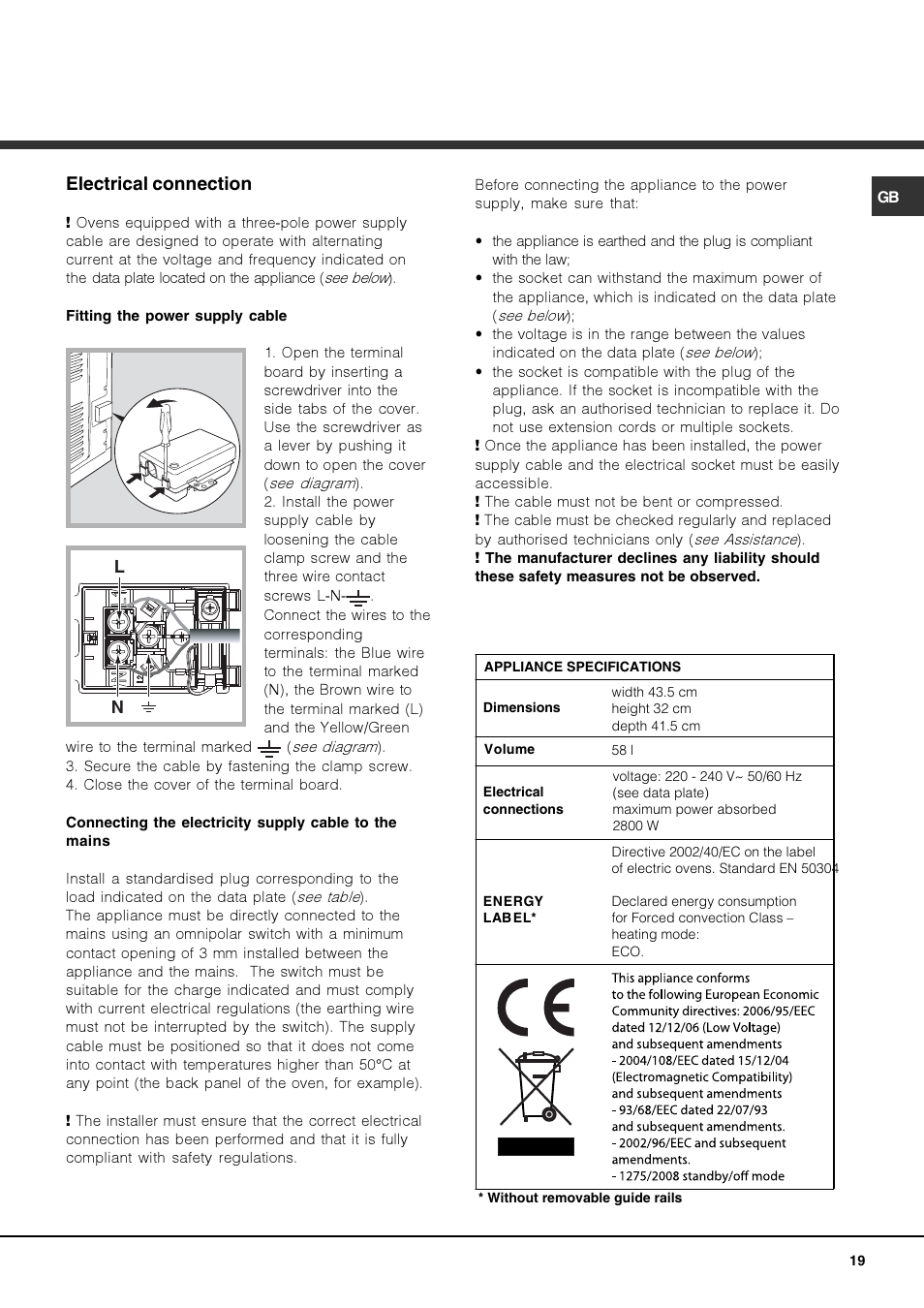 Electrical connection | Hotpoint Ariston FK 1039EL P.20 X-HA User Manual | Page 19 / 80