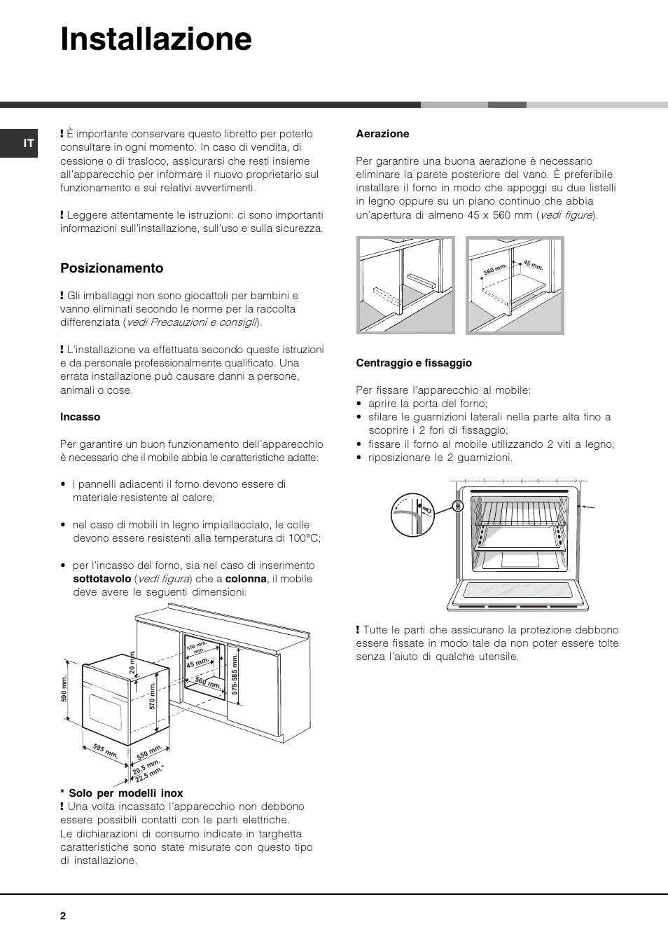 Installazione, Posizionamento | Hotpoint Ariston FK 1039EL P.20 X-HA User Manual | Page 2 / 80