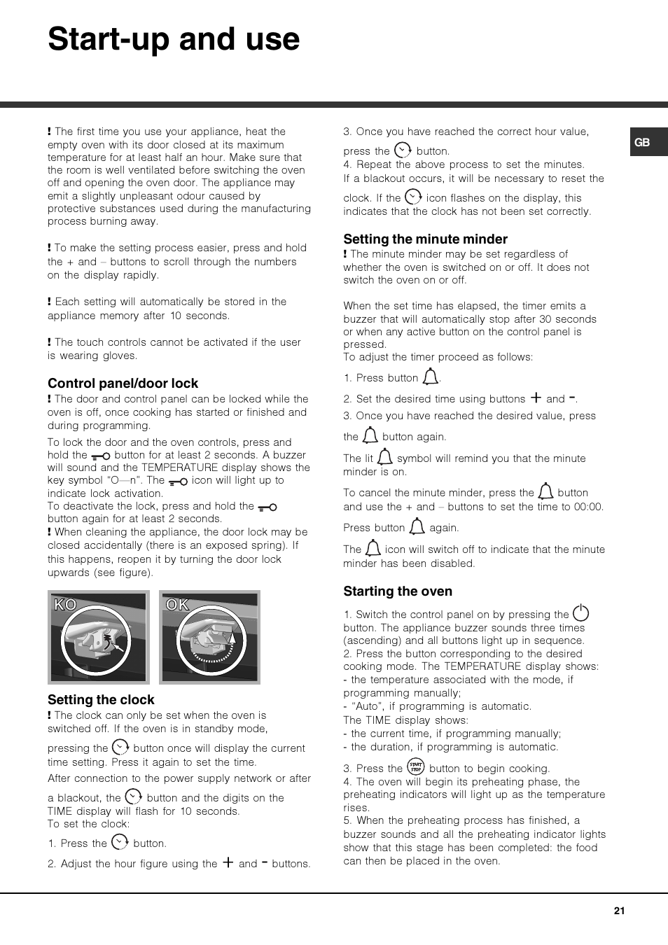 Start-up and use, Ko ok ok | Hotpoint Ariston FK 1039EL P.20 X-HA User Manual | Page 21 / 80