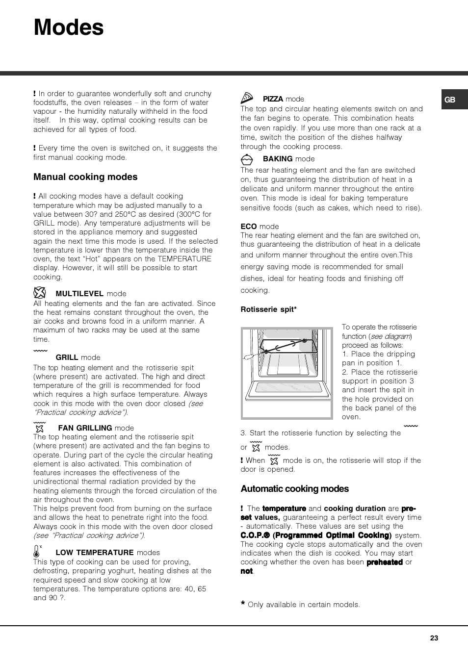 Modes | Hotpoint Ariston FK 1039EL P.20 X-HA User Manual | Page 23 / 80