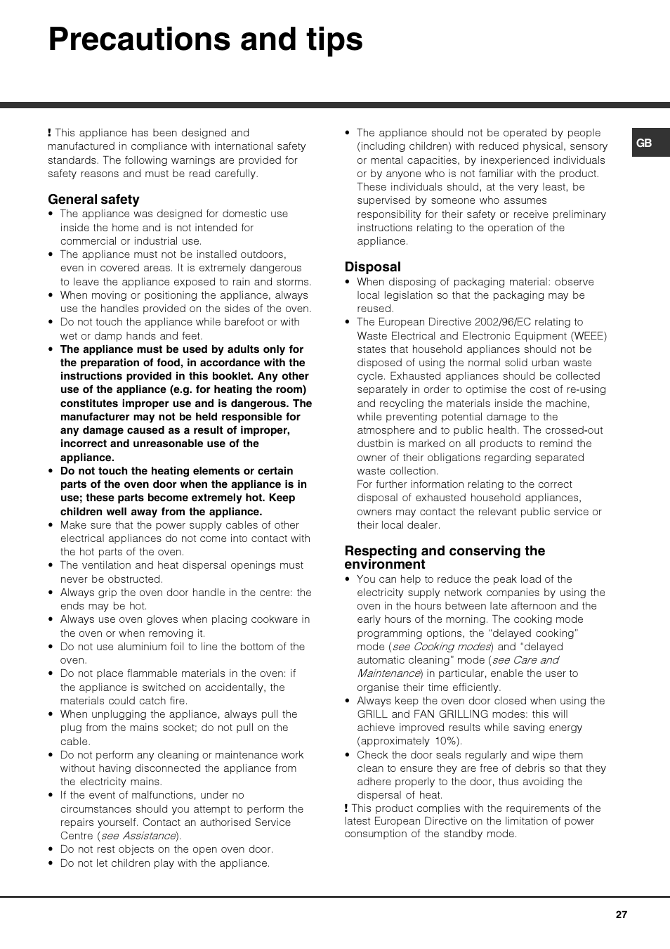 Precautions and tips | Hotpoint Ariston FK 1039EL P.20 X-HA User Manual | Page 27 / 80