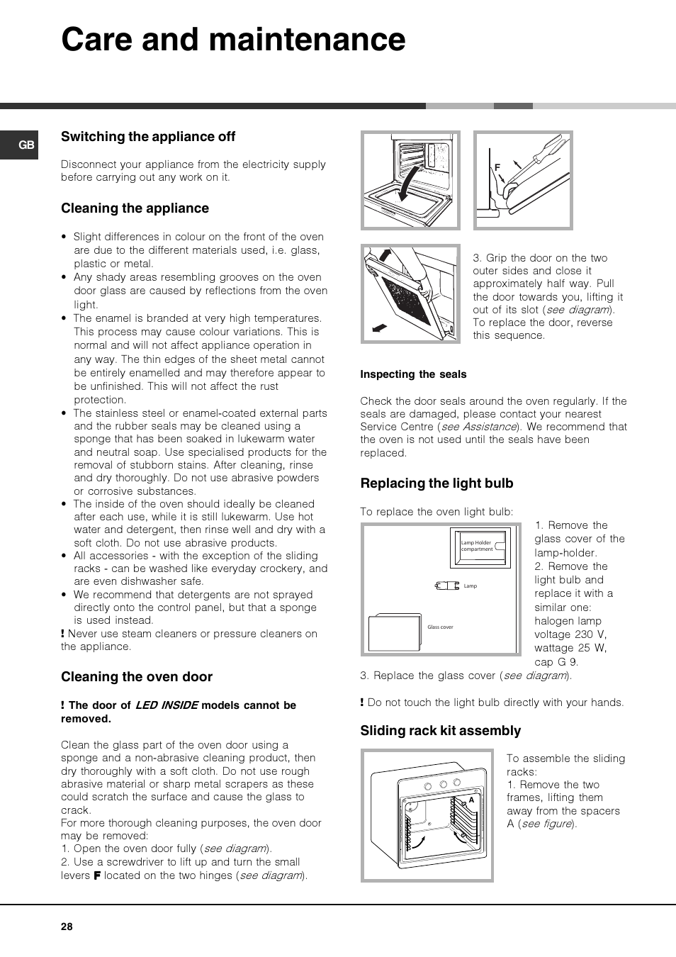 Care and maintenance, Switching the appliance off, Cleaning the appliance | Cleaning the oven door, Replacing the light bulb, Sliding rack kit assembly | Hotpoint Ariston FK 1039EL P.20 X-HA User Manual | Page 28 / 80