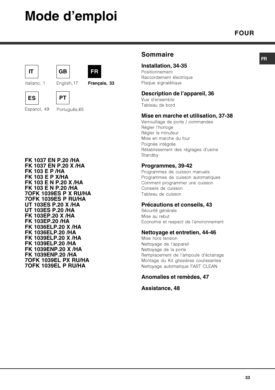 Mode d’emploi, Four, Sommaire | Hotpoint Ariston FK 1039EL P.20 X-HA User Manual | Page 33 / 80