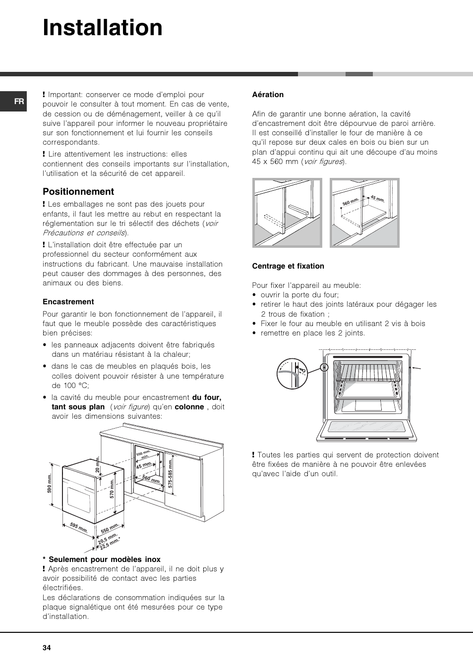 Installation, Positionnement | Hotpoint Ariston FK 1039EL P.20 X-HA User Manual | Page 34 / 80