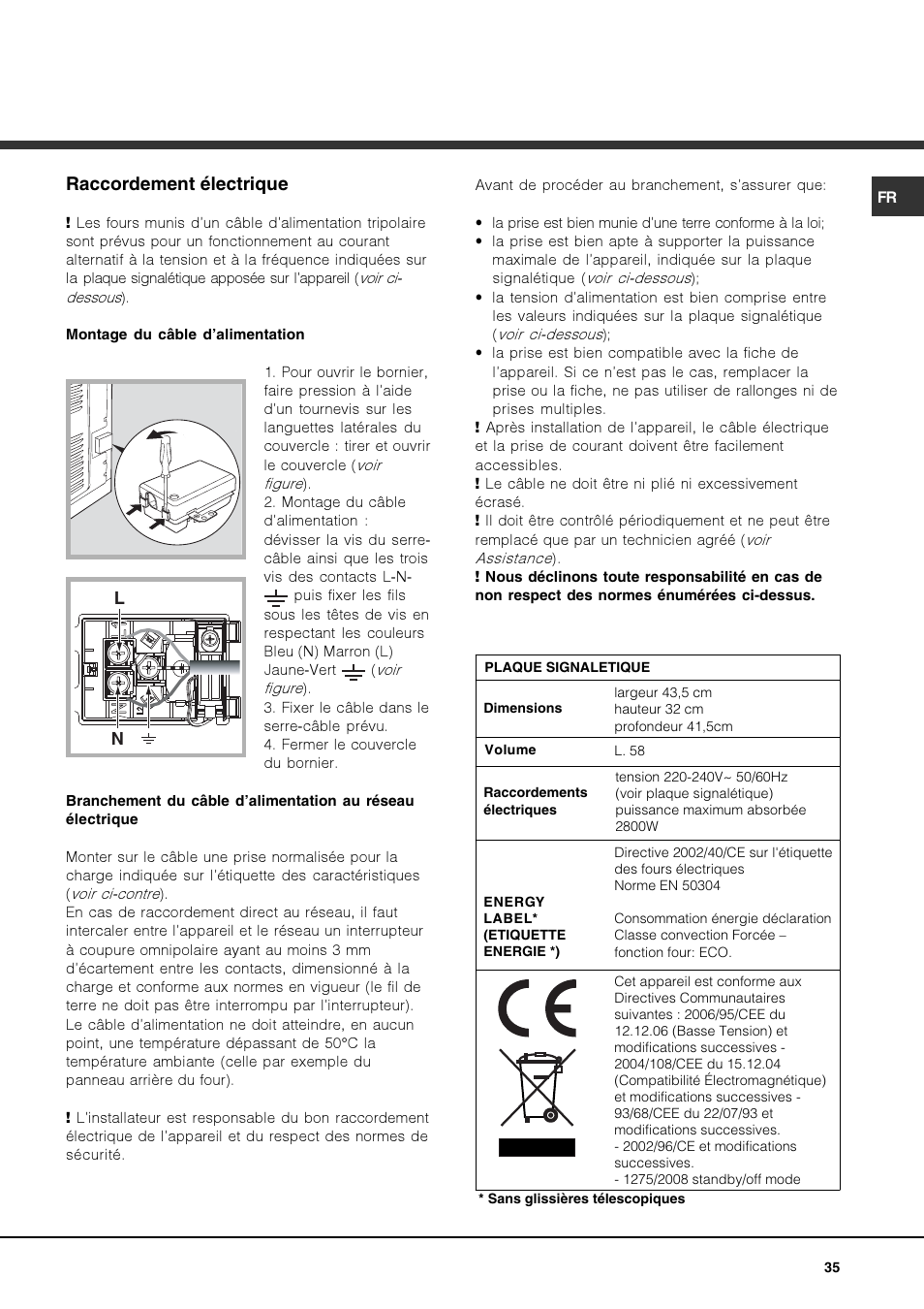 Raccordement électrique | Hotpoint Ariston FK 1039EL P.20 X-HA User Manual | Page 35 / 80