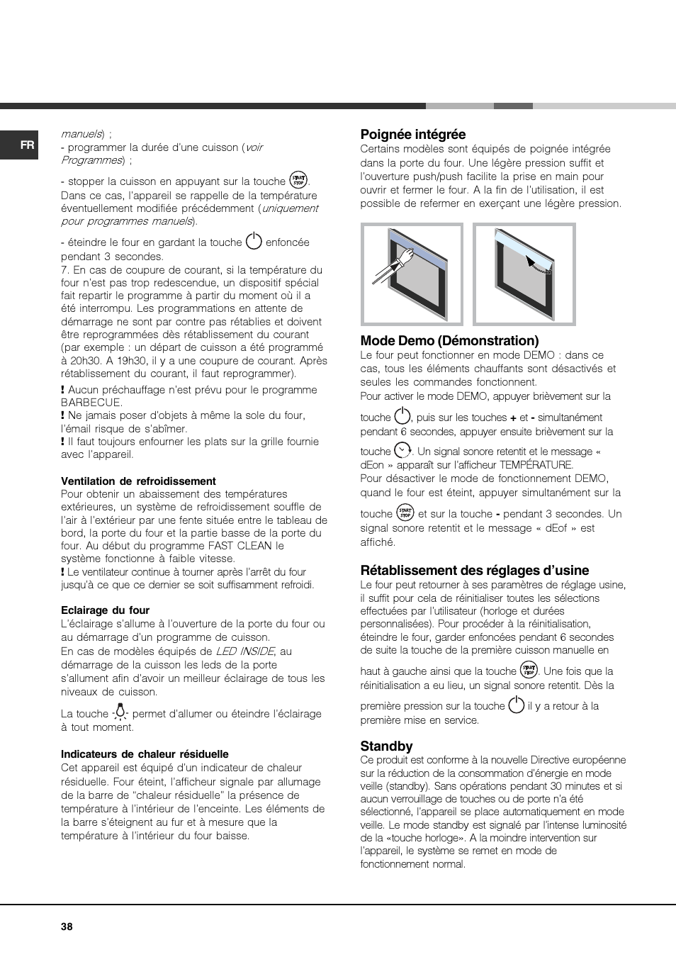 Poignée intégrée, Mode demo (démonstration), Rétablissement des réglages d’usine | Standby | Hotpoint Ariston FK 1039EL P.20 X-HA User Manual | Page 38 / 80