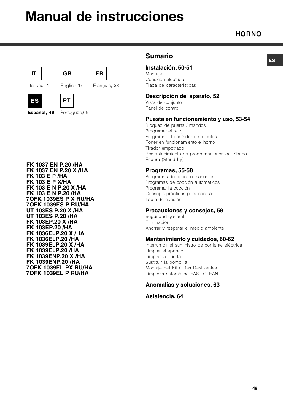 Manual de instrucciones, Horno sumario | Hotpoint Ariston FK 1039EL P.20 X-HA User Manual | Page 49 / 80