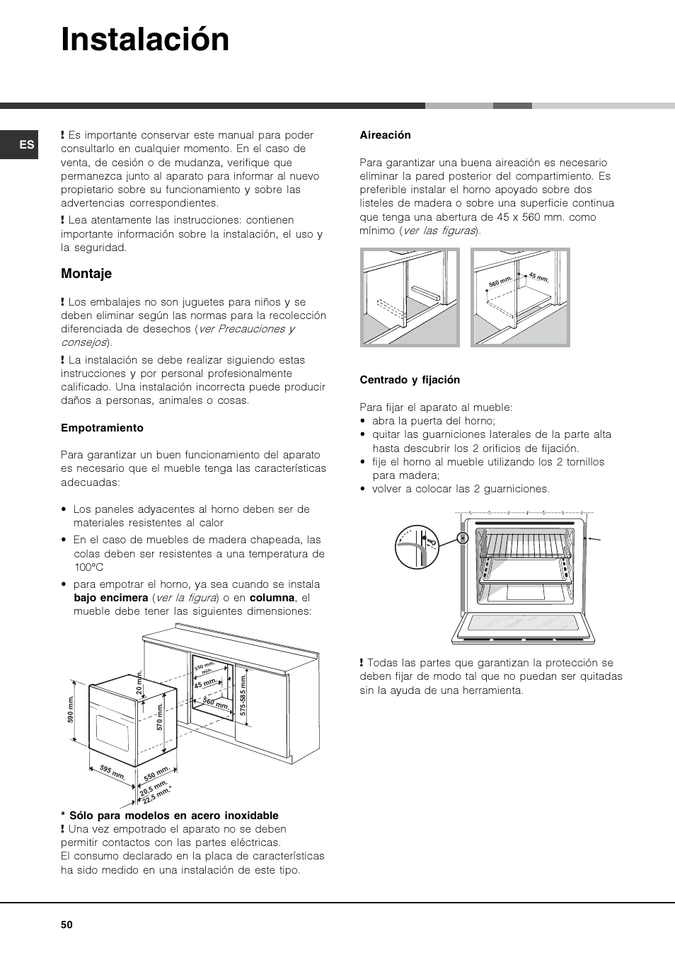 Instalación, Montaje | Hotpoint Ariston FK 1039EL P.20 X-HA User Manual | Page 50 / 80