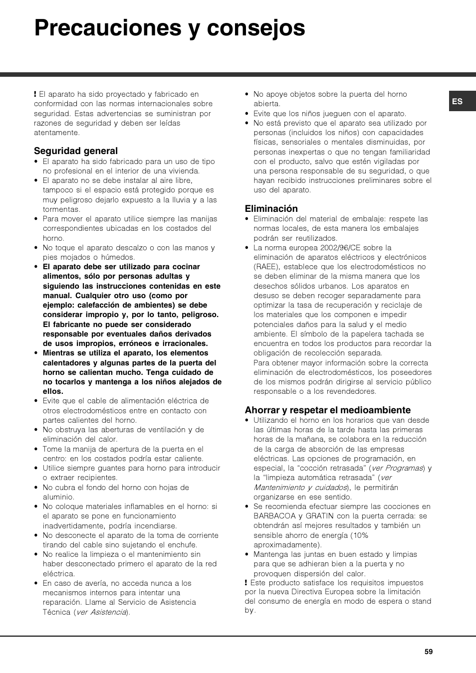 Precauciones y consejos | Hotpoint Ariston FK 1039EL P.20 X-HA User Manual | Page 59 / 80