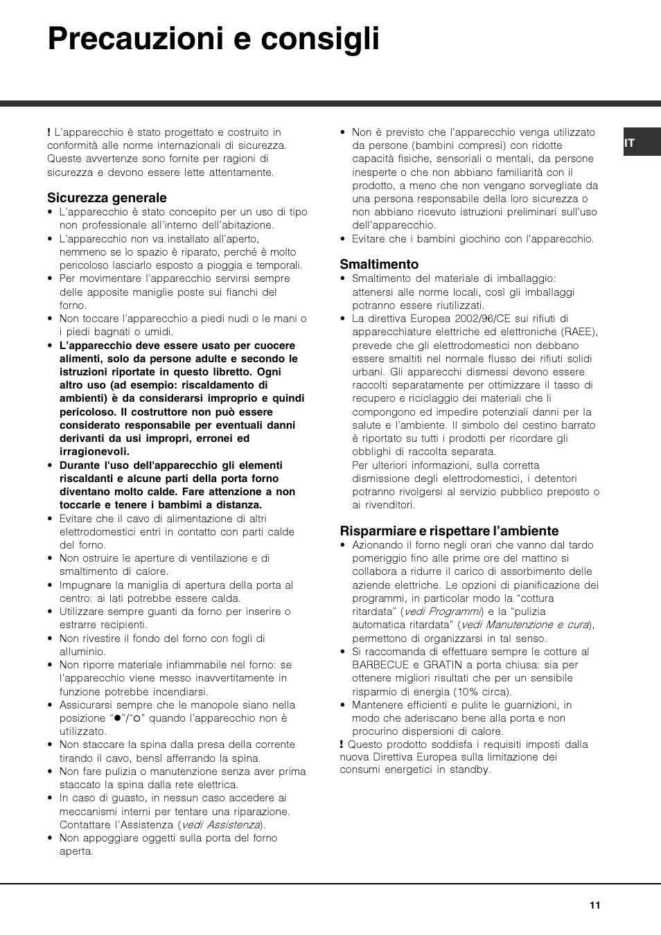 Precauzioni e consigli | Hotpoint Ariston FK 892EJ P.20 X-HA User Manual | Page 11 / 80