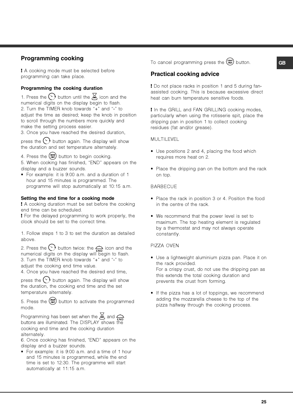 Programming cooking, Practical cooking advice | Hotpoint Ariston FK 892EJ P.20 X-HA User Manual | Page 25 / 80