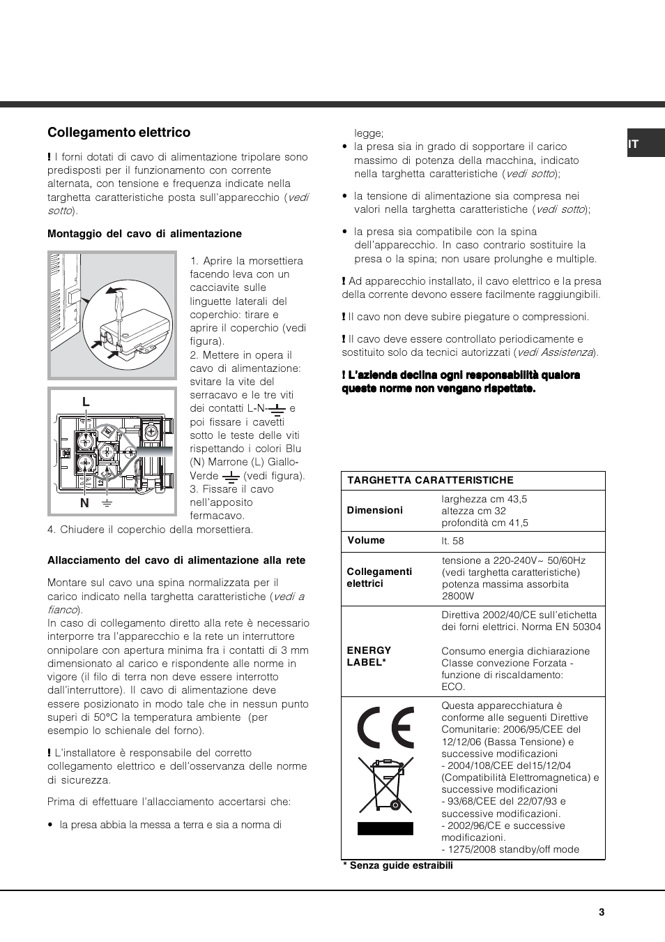 Collegamento elettrico | Hotpoint Ariston FK 892EJ P.20 X-HA User Manual | Page 3 / 80