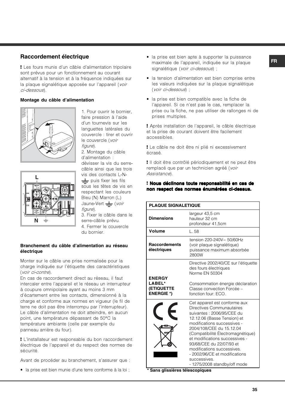 Raccordement électrique | Hotpoint Ariston FK 892EJ P.20 X-HA User Manual | Page 35 / 80