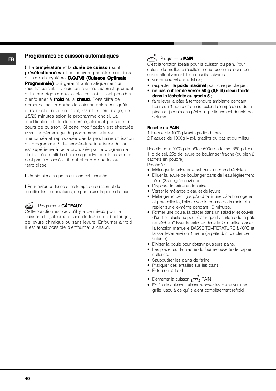 Programmes de cuisson automatiques | Hotpoint Ariston FK 892EJ P.20 X-HA User Manual | Page 40 / 80