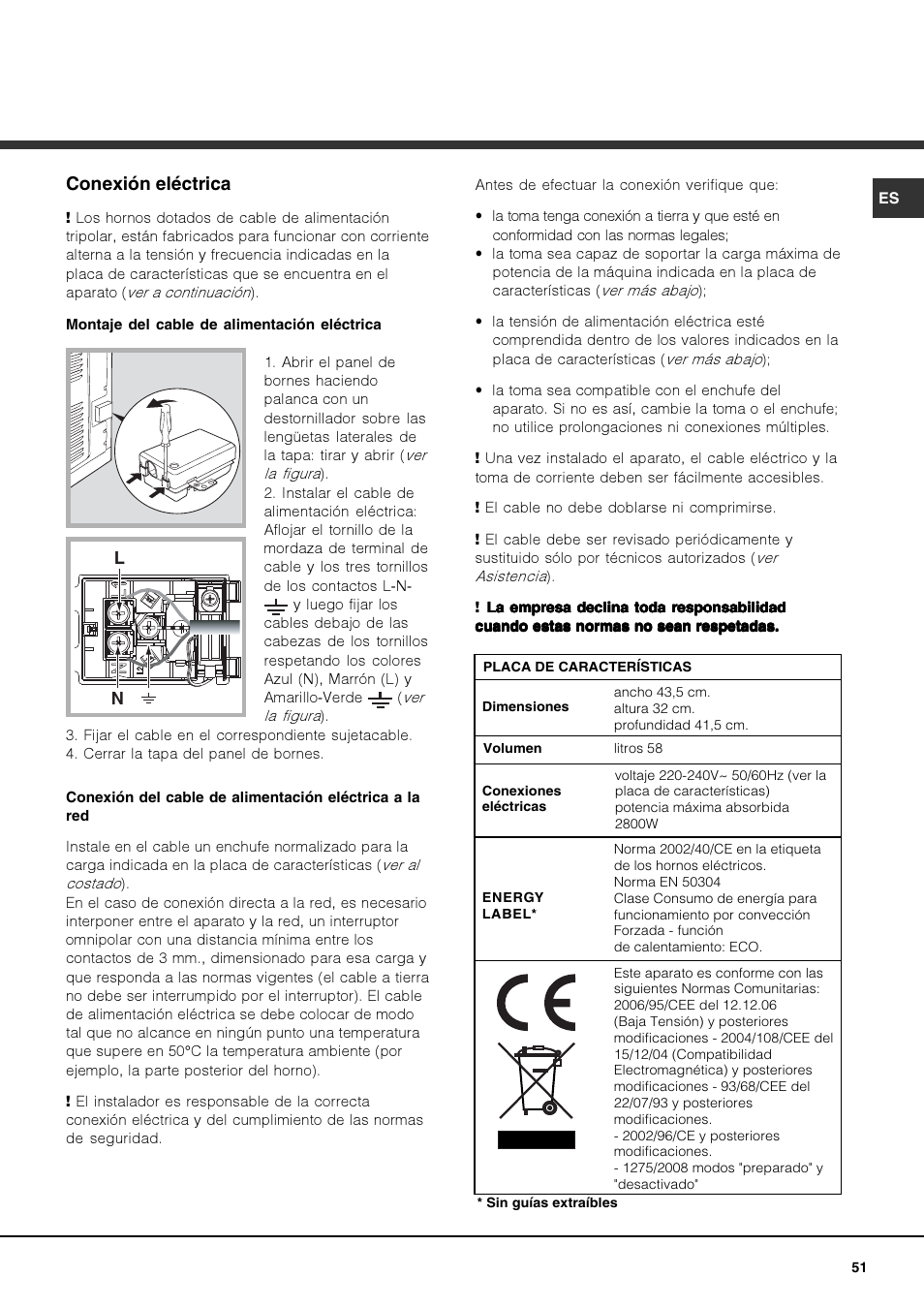 Conexión eléctrica | Hotpoint Ariston FK 892EJ P.20 X-HA User Manual | Page 51 / 80