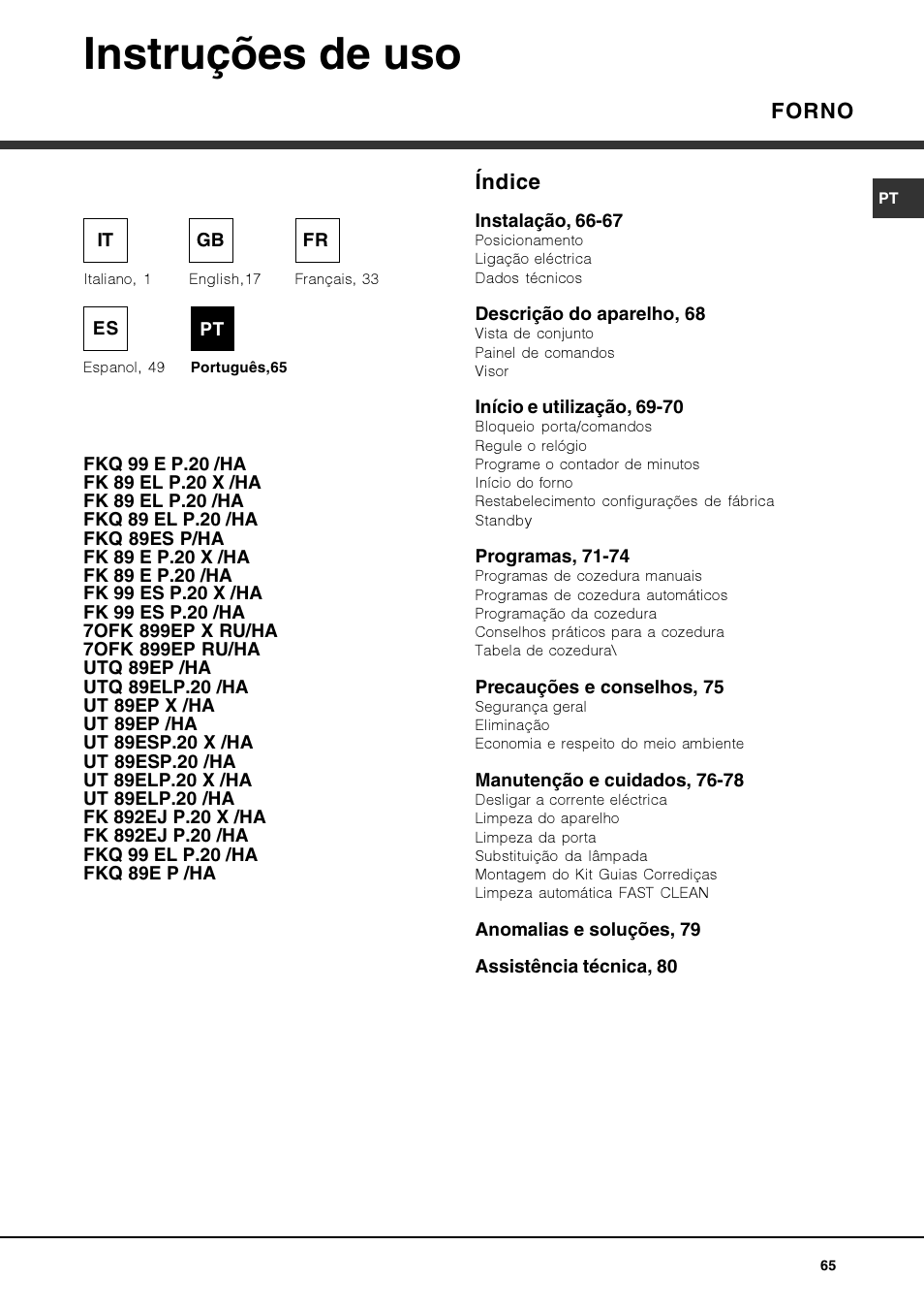 Instruções de uso, Forno índice | Hotpoint Ariston FK 892EJ P.20 X-HA User Manual | Page 65 / 80