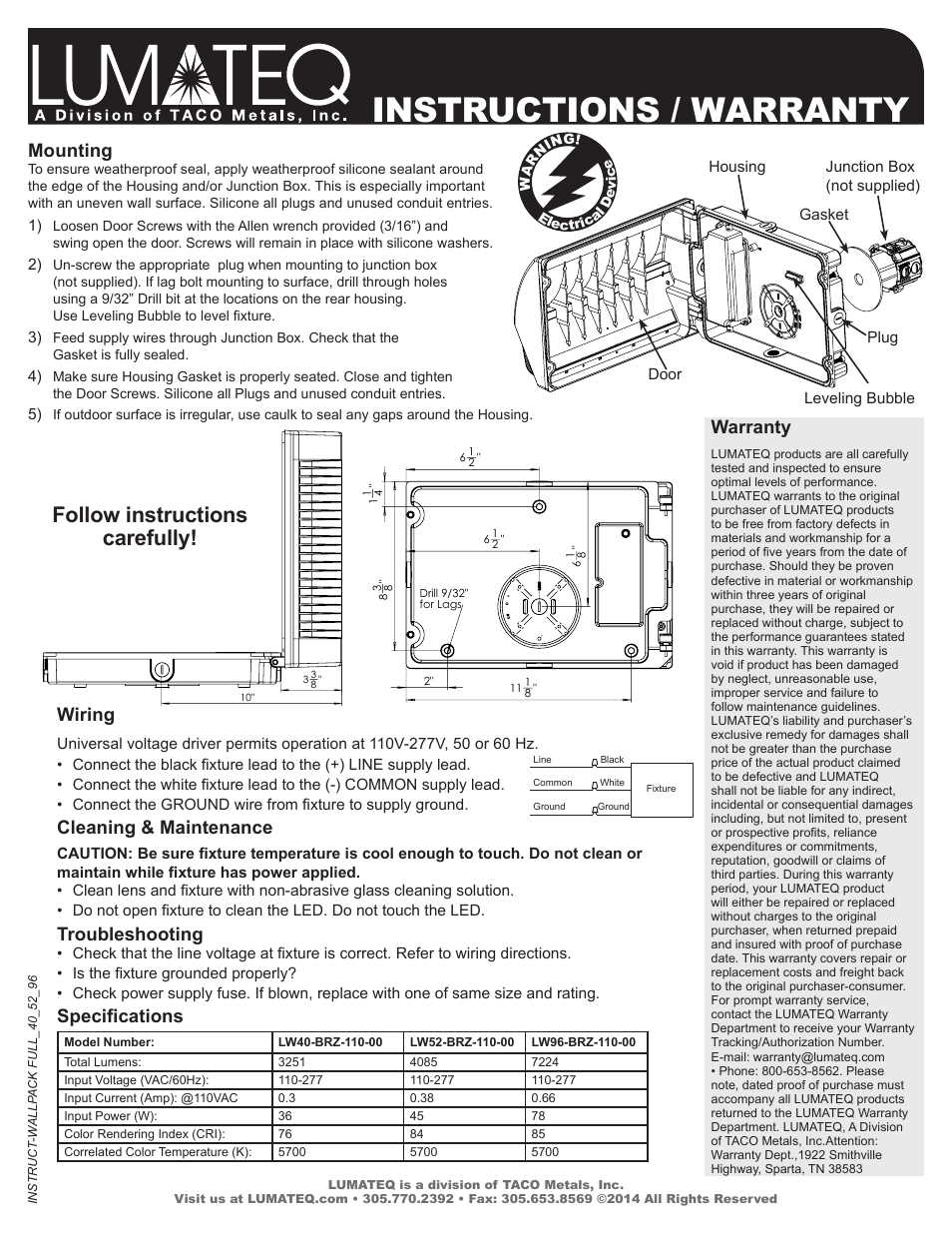 Instructions / warranty, Follow instructions carefully, Wiring | Cleaning & maintenance, Troubleshooting, Specifications, Mounting, Warranty | LUMATEQ LW96 User Manual | Page 2 / 2
