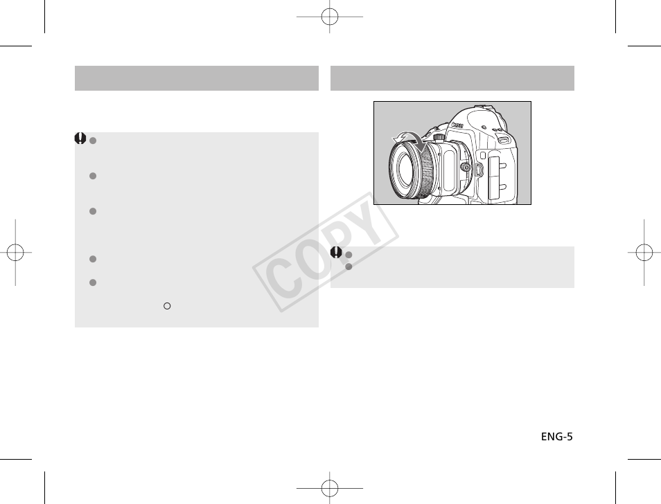 Cop y, Mounting and detaching the lens, Focusing | Canon TS-E 45mm f2.8 User Manual | Page 6 / 19