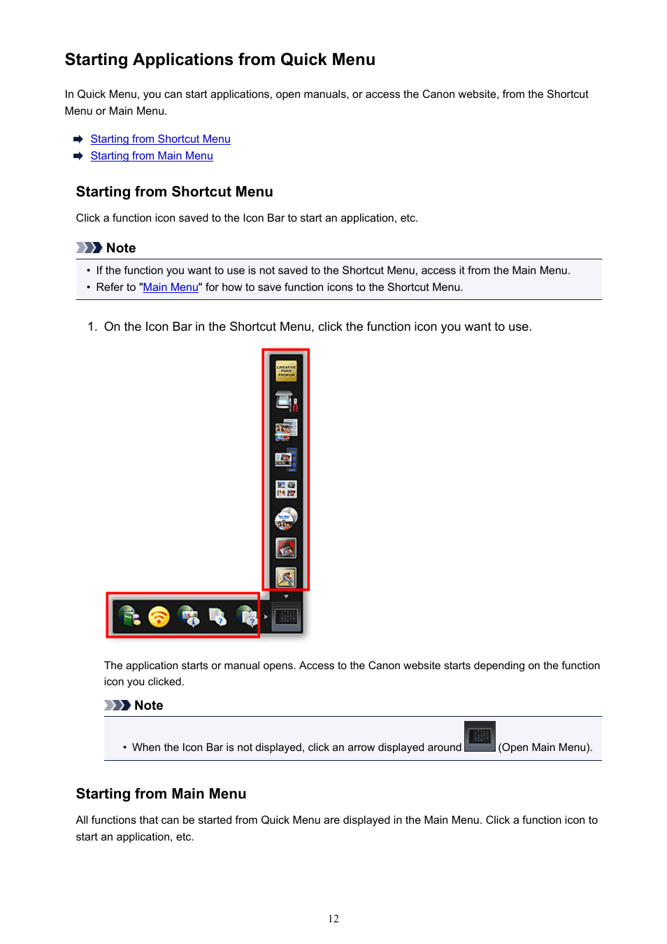 Starting applications from quick menu | Canon PIXMA MG3550 User Manual | Page 12 / 31