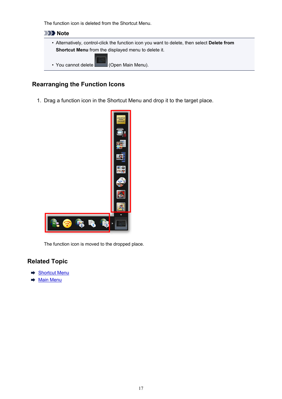 Rearranging the function icons, Related topic | Canon PIXMA MG3550 User Manual | Page 17 / 31