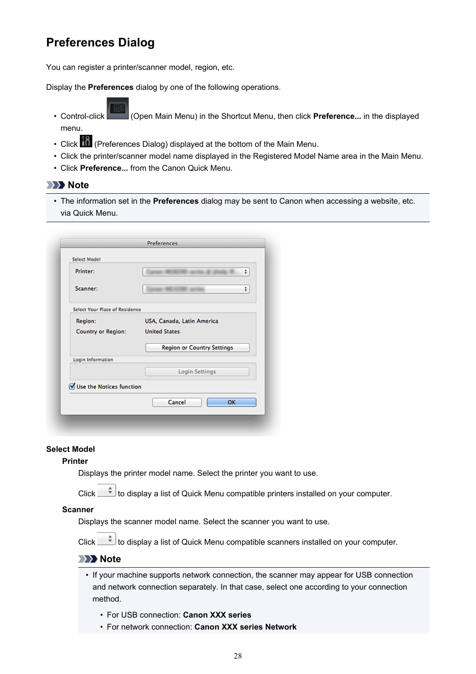 Preferences dialog, Model name registered in the | Canon PIXMA MG3550 User Manual | Page 28 / 31