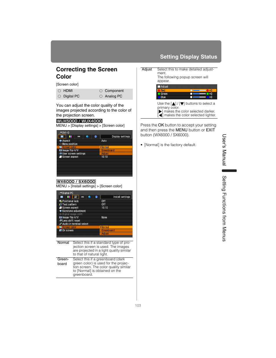 Correcting the screen color, P103, Setting display status | Canon XEED SX6000 User Manual | Page 103 / 240