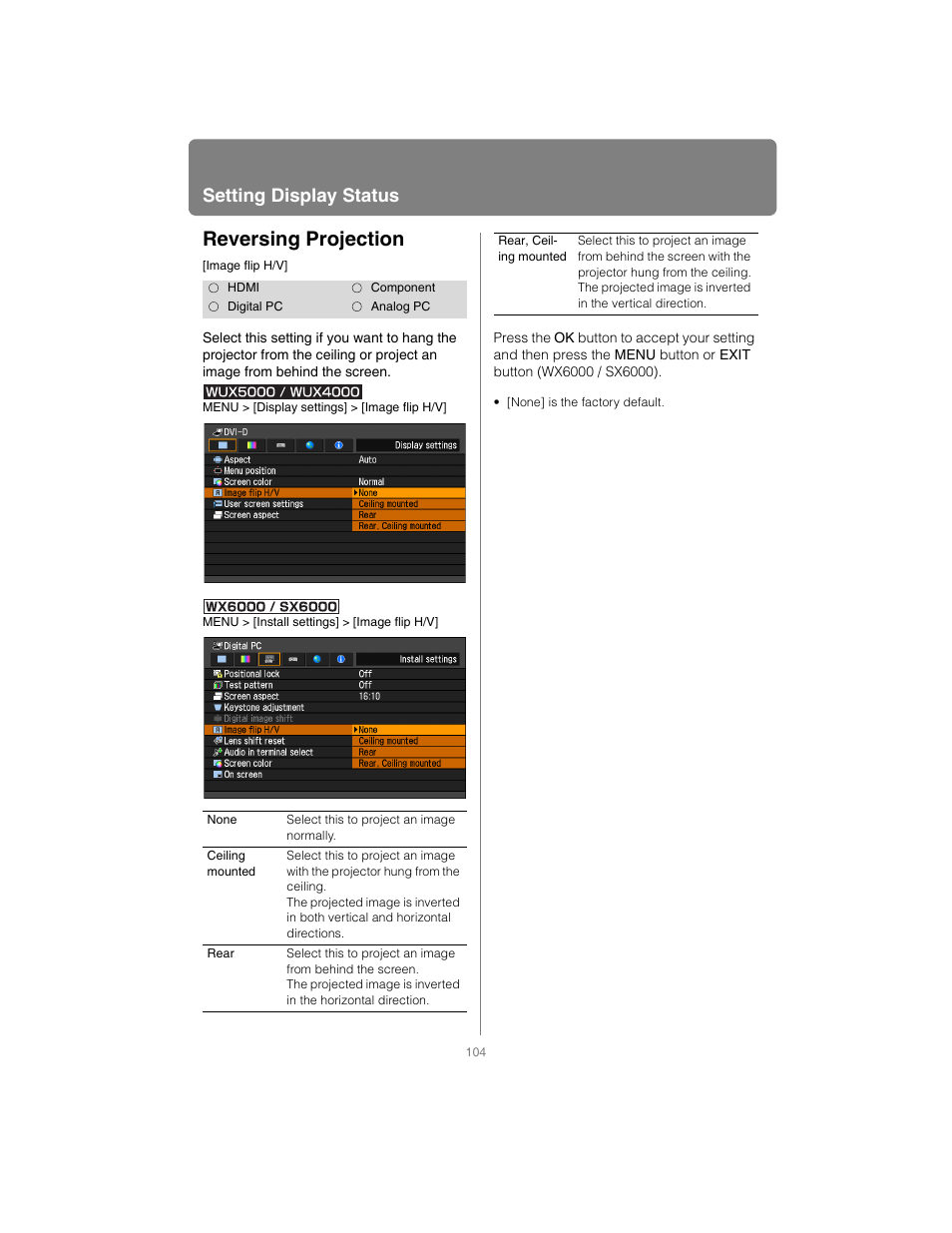 Reversing projection, Setting display status | Canon XEED SX6000 User Manual | Page 104 / 240