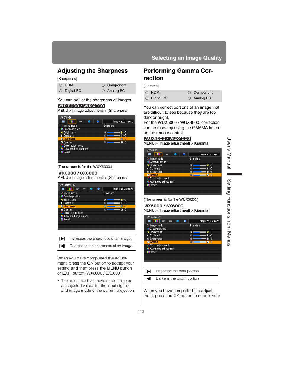 Adjusting the sharpness, Performing gamma correction, P113 | Performing gamma cor- rection, Selecting an image quality, User’s manual settin g functions from menus | Canon XEED SX6000 User Manual | Page 113 / 240