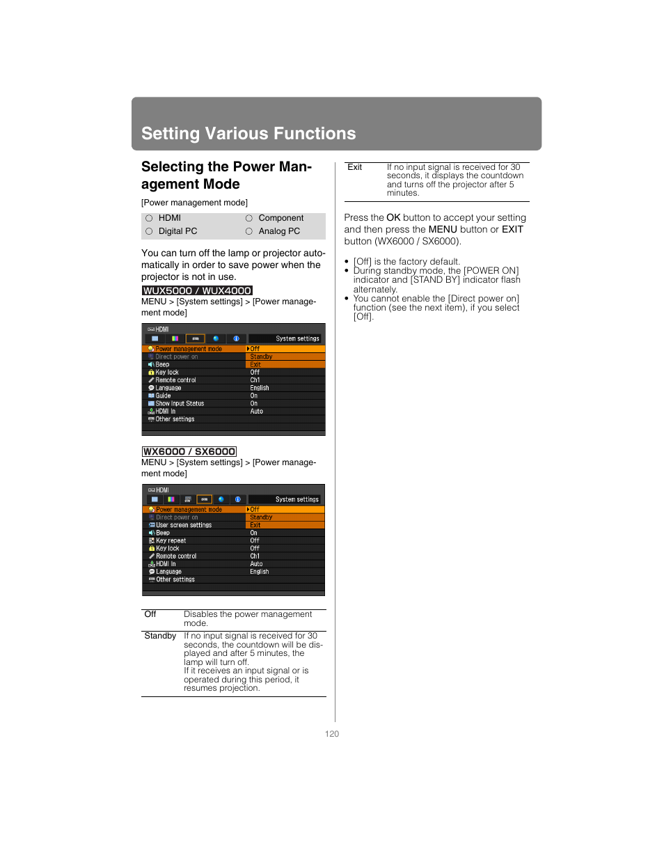 Setting various functions, Selecting the power management mode, P120 | Selecting the power man- agement mode | Canon XEED SX6000 User Manual | Page 120 / 240