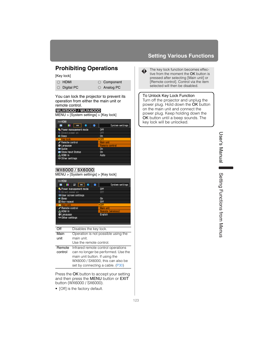 Prohibiting operations, P123, Setting various functions | Canon XEED SX6000 User Manual | Page 123 / 240