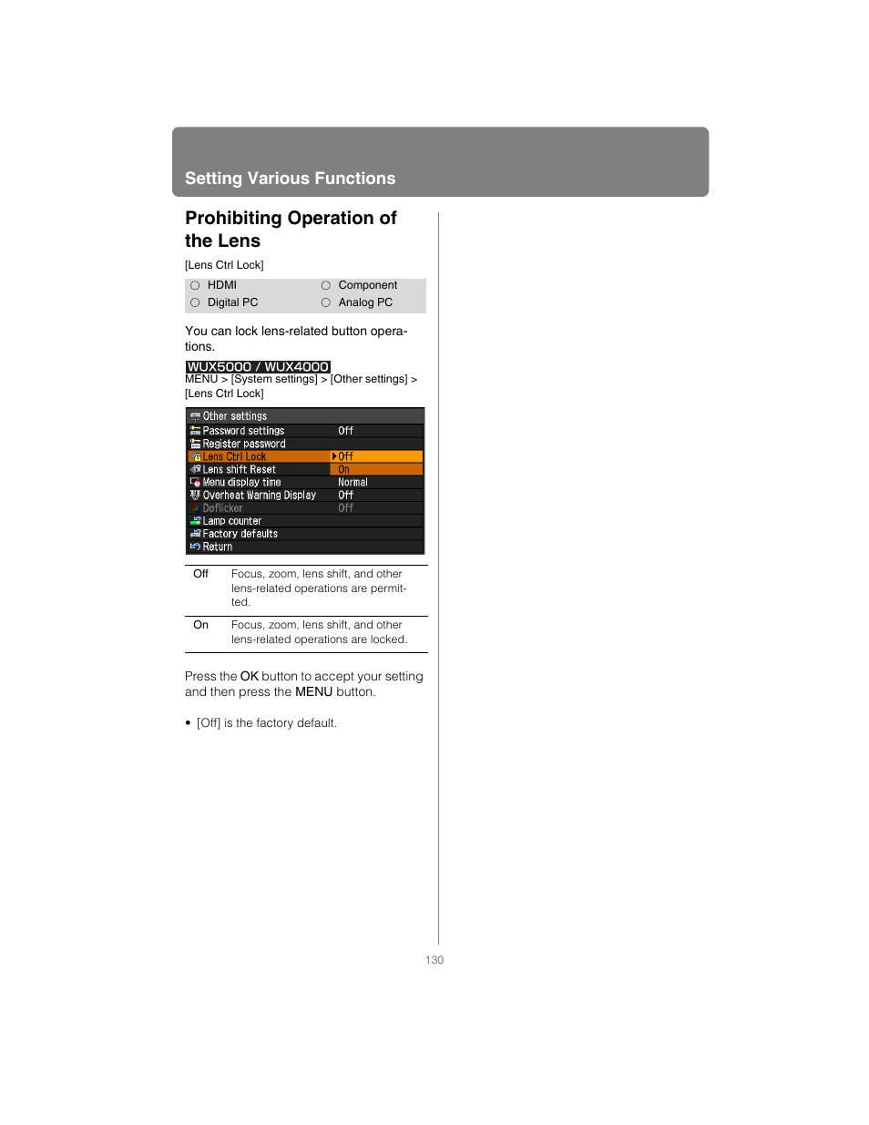 Prohibiting operation of the lens, Setting various functions | Canon XEED SX6000 User Manual | Page 130 / 240