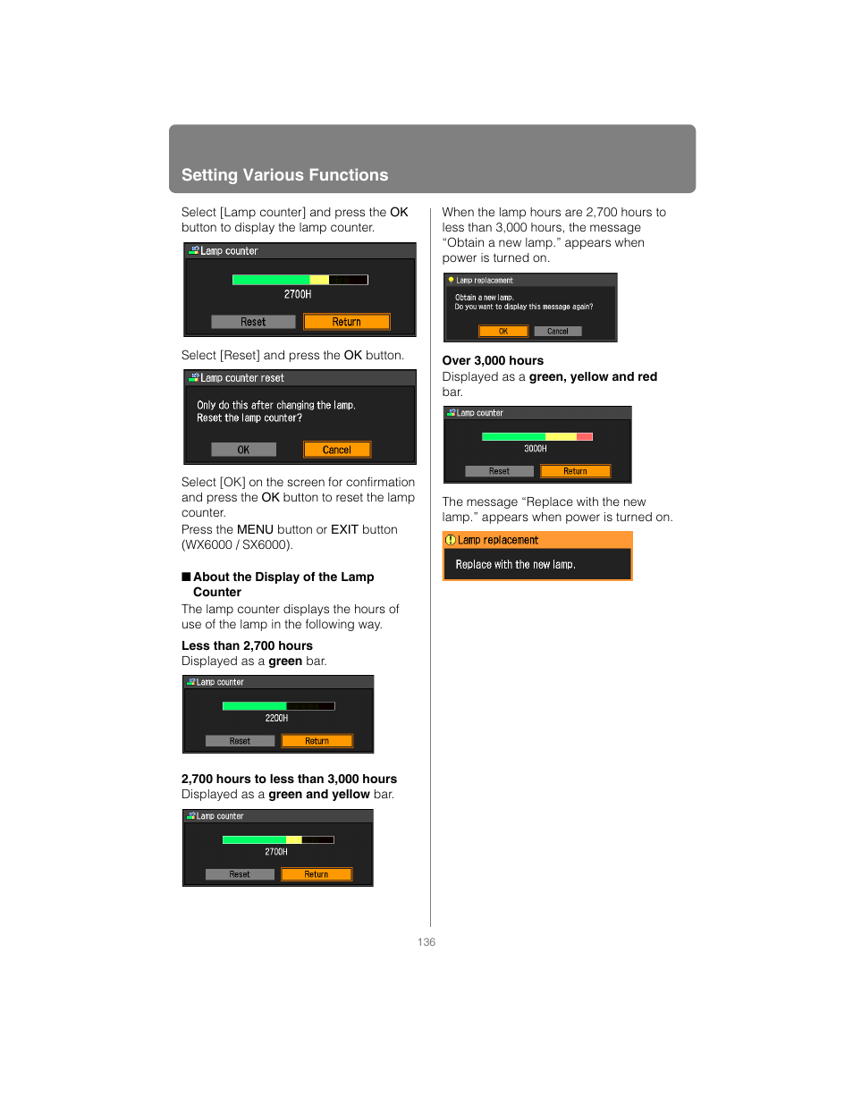 About the display of the lamp counter, Setting various functions | Canon XEED SX6000 User Manual | Page 136 / 240